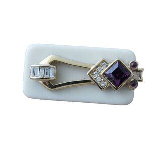 Handmade Domino Brooch With Rhinestones & Purple Gem Accents